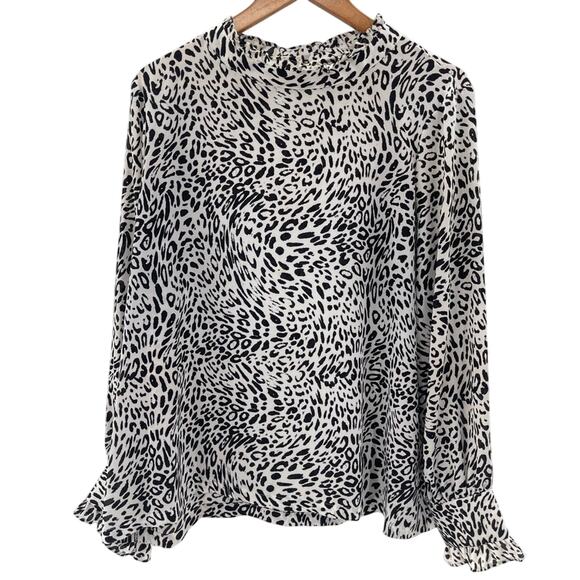 DKNY Animal Printed Ruffle-Neck Ling Sleeve Business Casual Boho Blouse Size XL - Picture 1 of 11